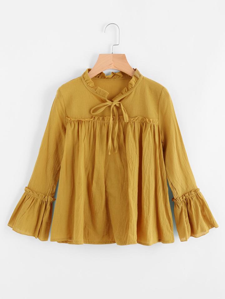 Romwe Fluted Sleeve Self Tie Neck Blouse