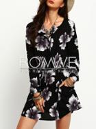 Romwe Black Drawstring Waist Floral Pockets Dress