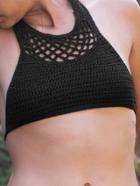 Romwe Hollow Out Halter Neck Crochet Bikini Top - Black