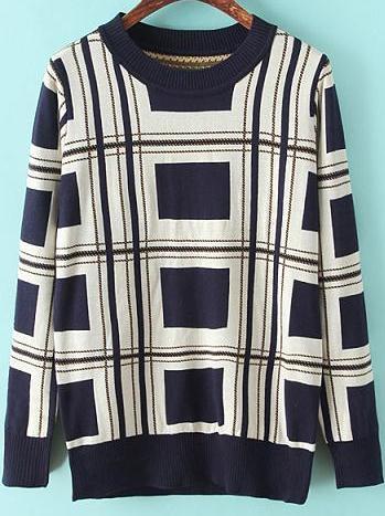 Romwe Check Print Loose Navy Sweater