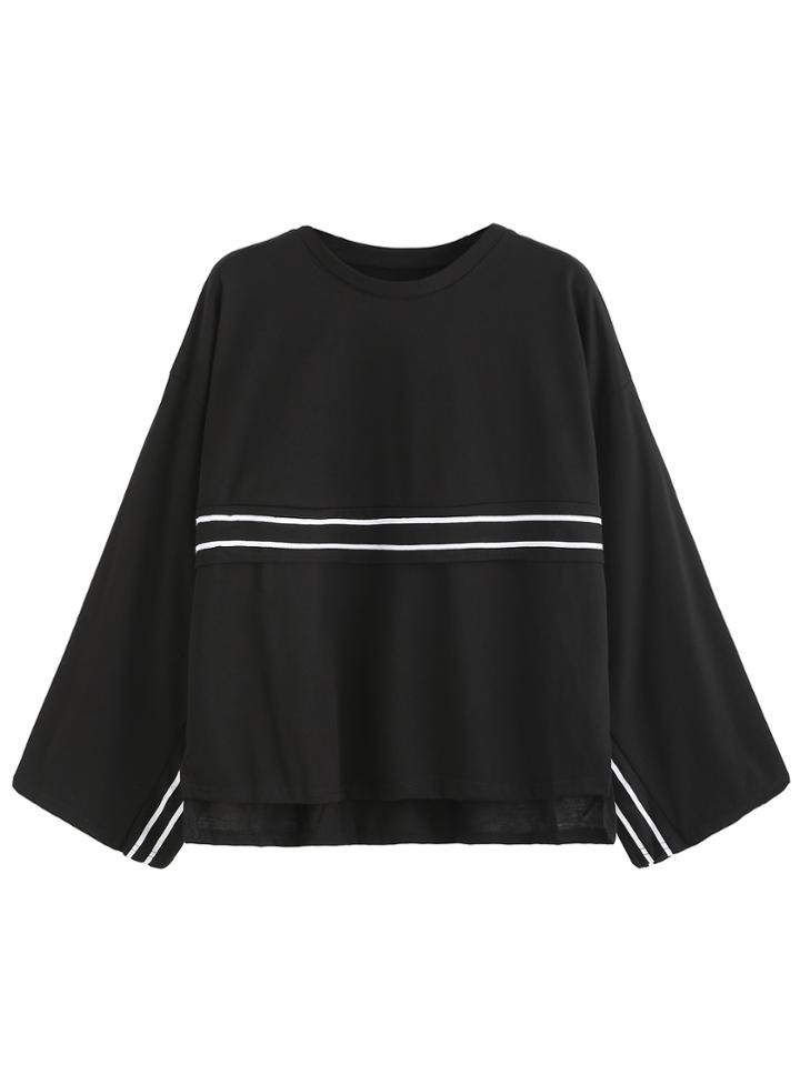 Romwe Black Striped Trim Dip Hem T-shirt