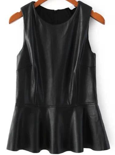 Romwe Sleeveless Flouncing Zipper Pu Top