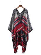 Romwe Red And Navy Stripe Tribal Print Shawl Scarf