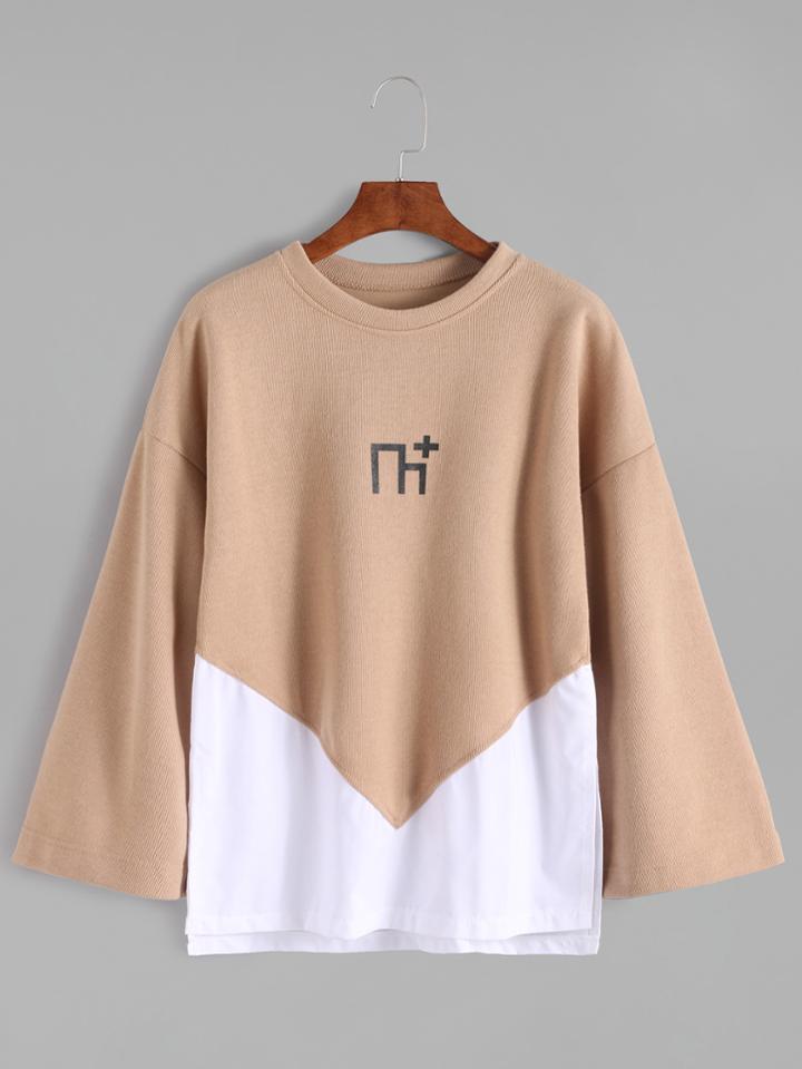 Romwe Contrast Printed Drop Shoulder High Low Knitwear