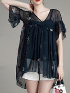 Romwe Navy V Neck High Low Dip Hem Blouses