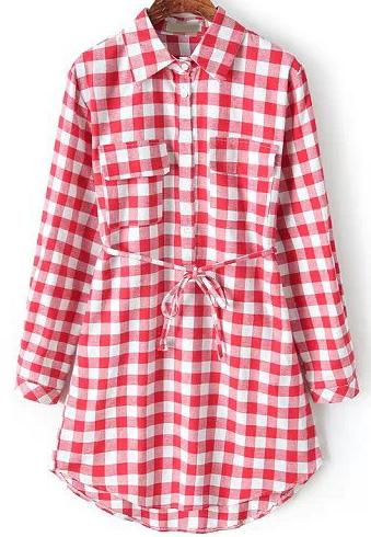 Romwe Red Long Sleeve Plaid Tie-waist Blouse