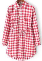 Romwe Red Long Sleeve Plaid Tie-waist Blouse