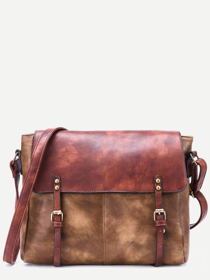 Romwe Khaki Faux Leather Satchel Bag