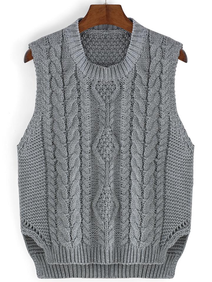 Romwe Dip Hem Cable Knit Grey Vest