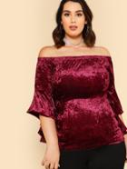 Romwe Trumpet Sleeve Crushed Velvet Bardot Top