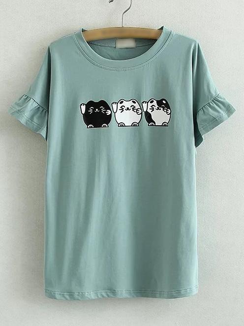 Romwe Green Round Neck Bell Sleeve Cats Printed T-shirt