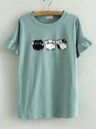 Romwe Green Round Neck Bell Sleeve Cats Printed T-shirt