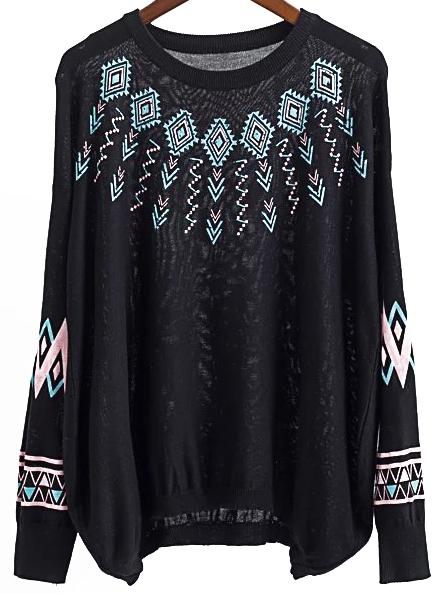Romwe Black Geometric Print Drop Shoulder Knitwear