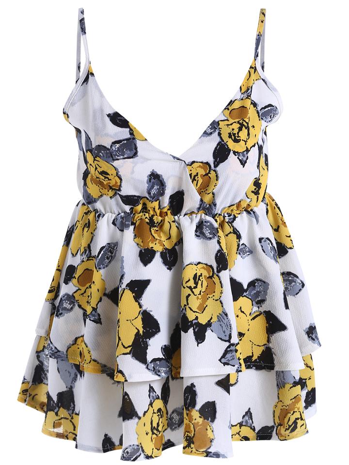 Romwe Spaghetti Strap Florals Chiffon Cami Top
