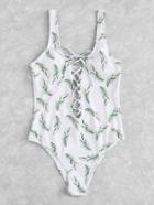 Romwe Leaf Print Lace Up Swimsuit