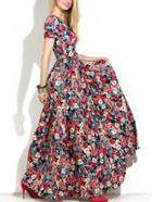 Romwe Short Sleeve Florals Hollow Maxi Dress