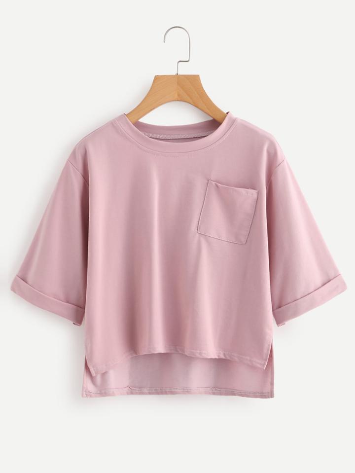 Romwe Roll Sleeve Slit Side High Low Tee