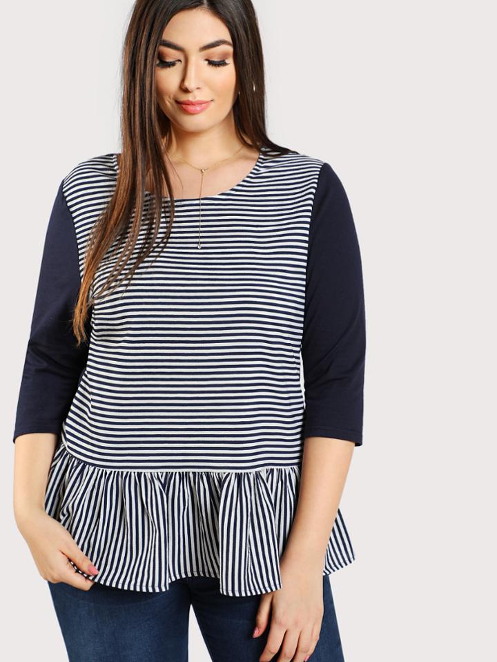 Romwe Contrast Sleeve Ruffle Hem Striped Tee