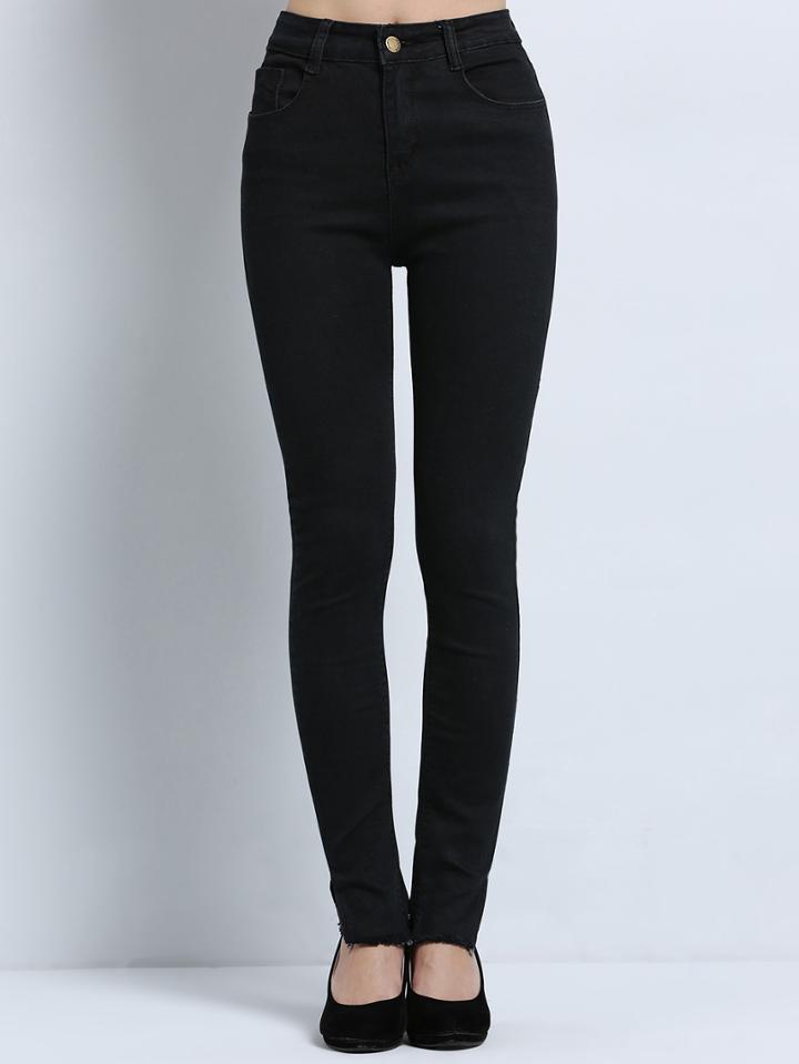Romwe High Waist Slit Frayed Denim Pant