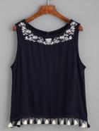 Romwe Navy Tassel Trim Embroidered Top