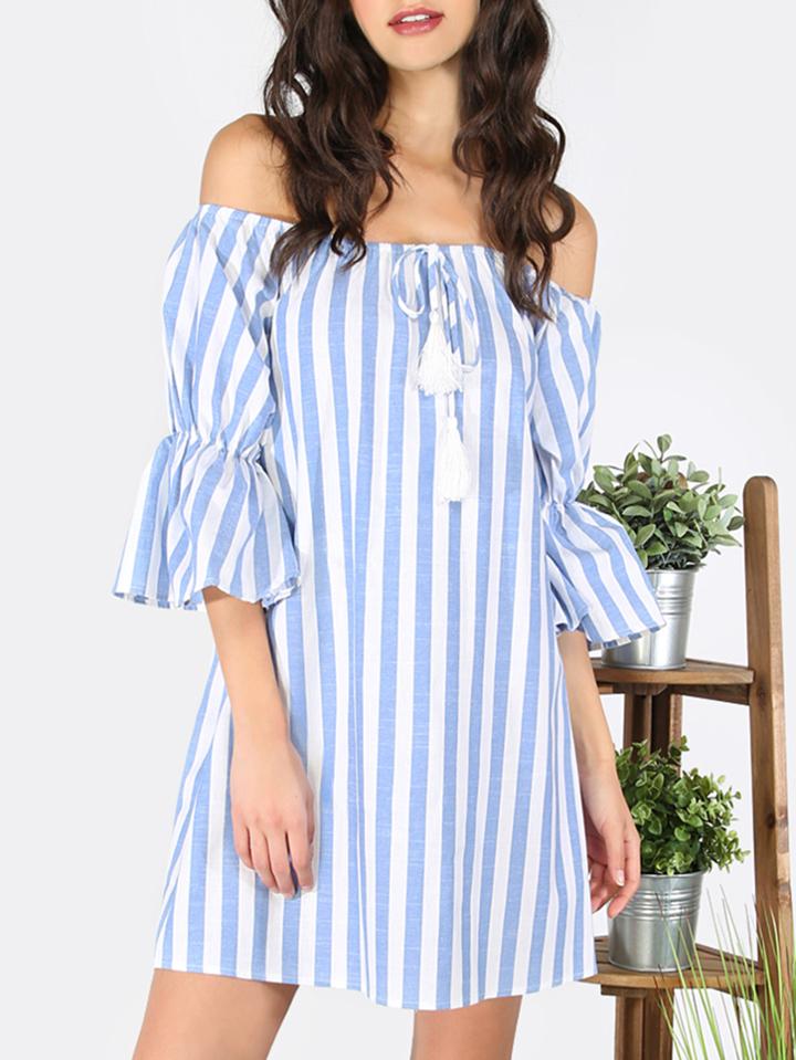 Romwe Blue Striped Tassel Tie Off The Shoulder Dress