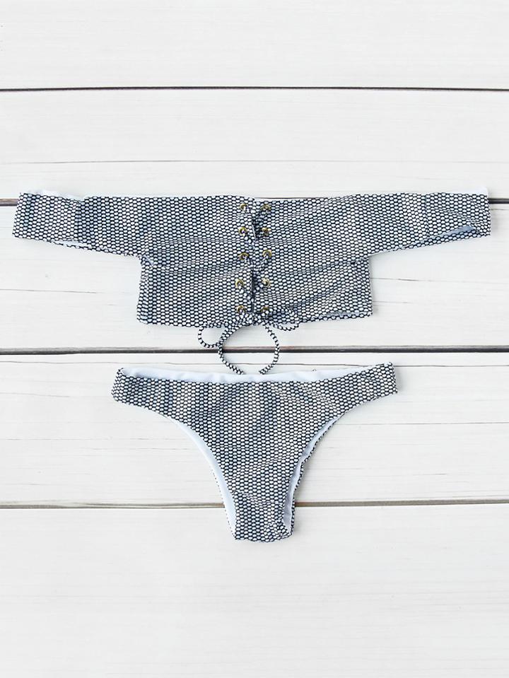 Romwe Graphic Print Lace Up Front Bardot Bikini Set