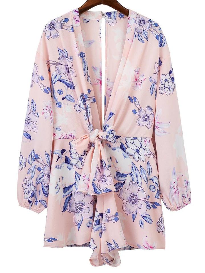 Romwe Floral Print Deep V Neck Bow Tie Romper