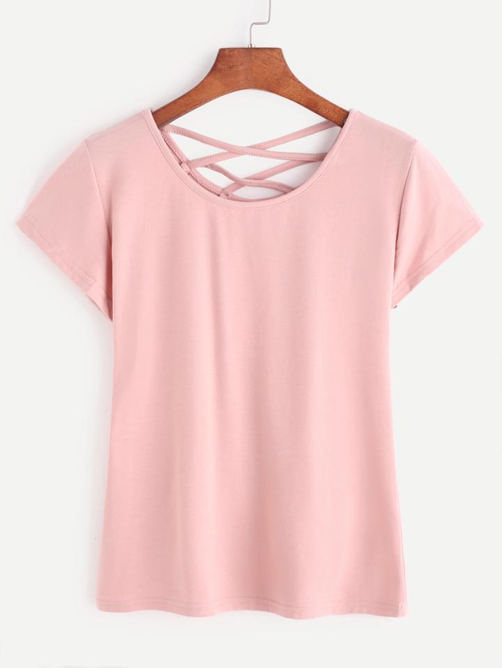 Romwe Pink Criss Cross Neck T-shirt