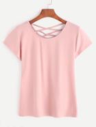 Romwe Pink Criss Cross Neck T-shirt