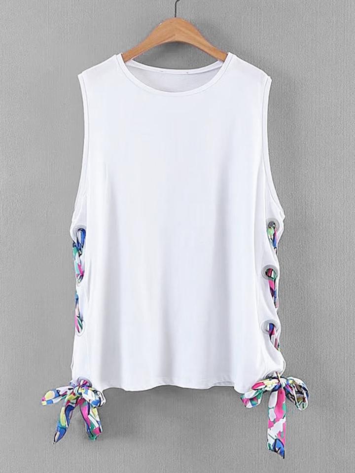 Romwe Eyelet Lace Up Side Sleeveless Tee