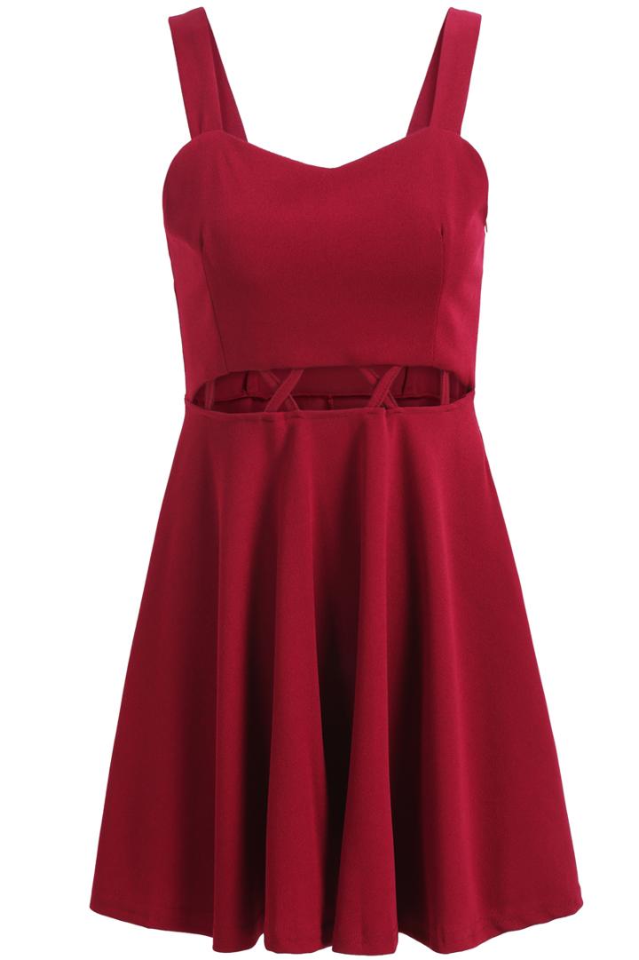 Romwe Spaghetti Strap With Zipper Hollow Maroon Dress