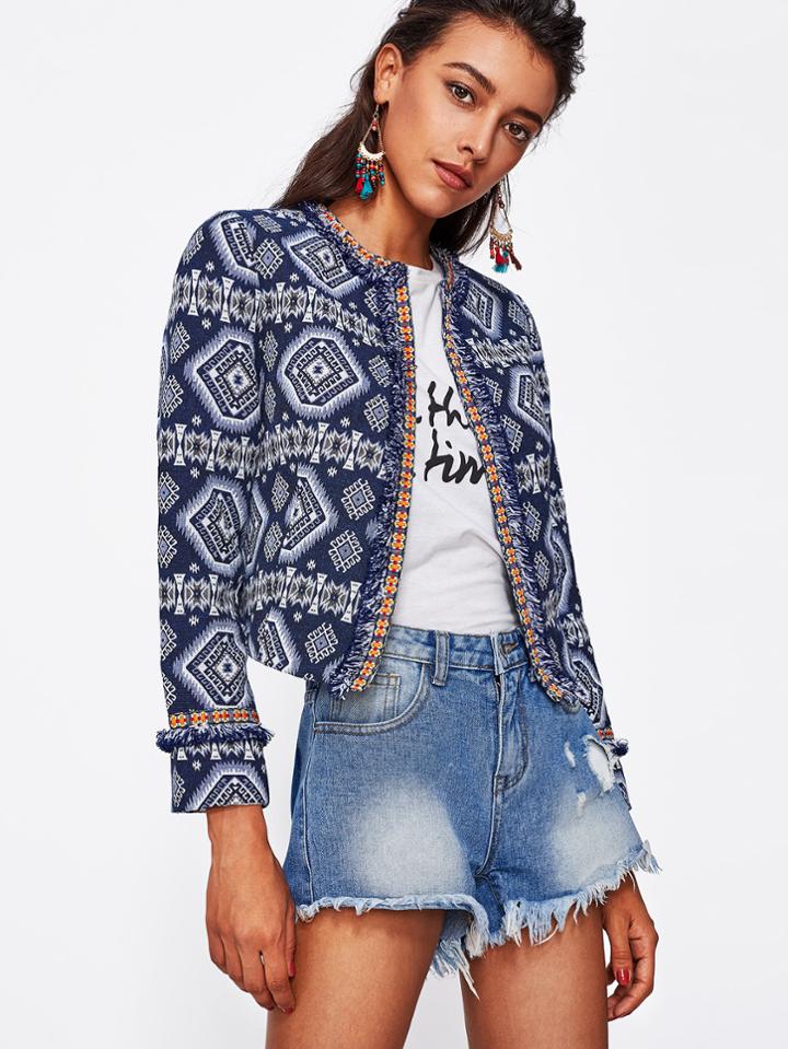 Romwe Tribal Print Frayed Lace Trim Open Front Blazer