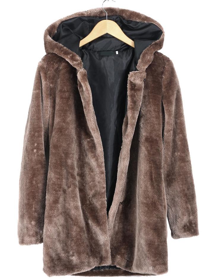 Romwe Hooded Long Sleeve Coffee Coat