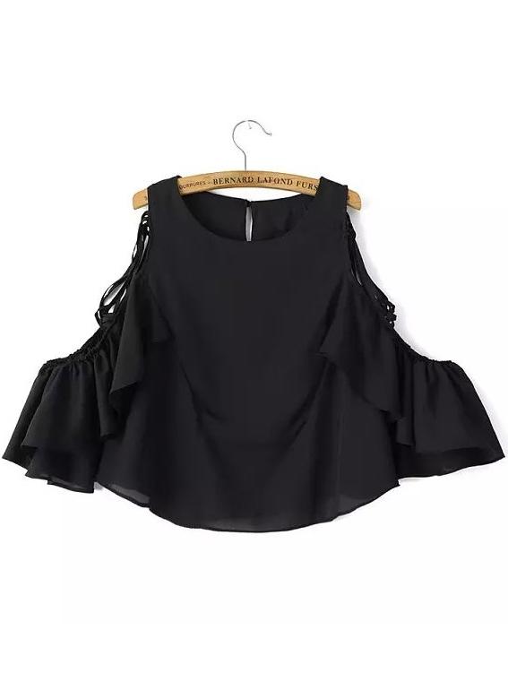 Romwe Open Shoulder Chiffon Black Top