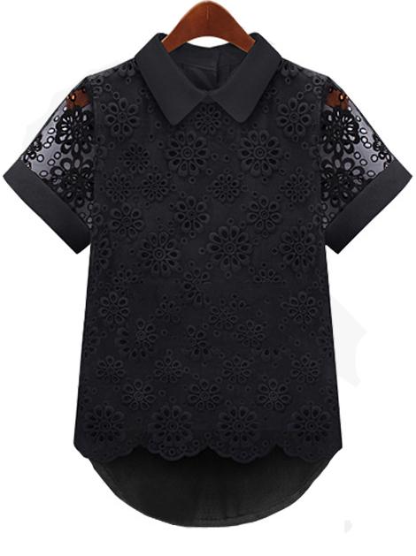 Romwe Lapel Hollow Lace Chiffon Black Blouse