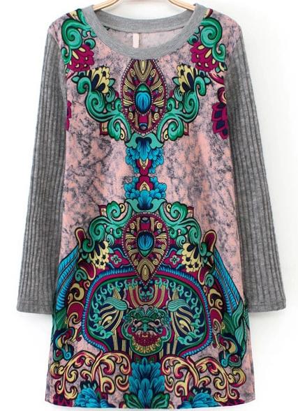 Romwe Vintage Totem Print Loose Pink Dress