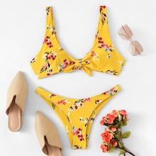 Romwe Knot Front Random Floral Bikini Set