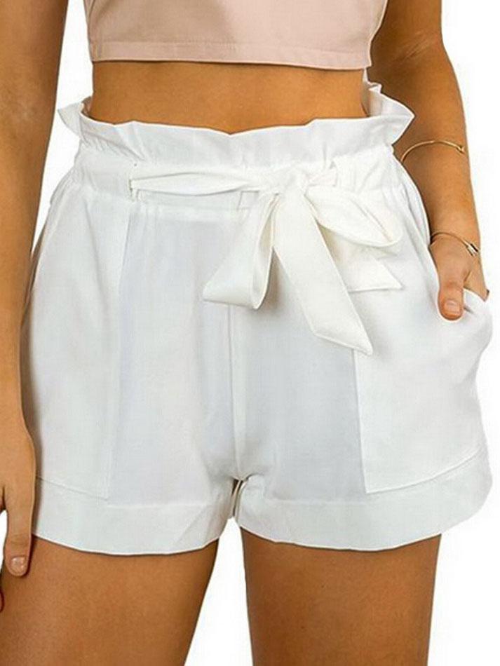 Romwe White Ruffle Waist Self Tie Shorts