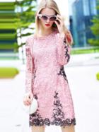 Romwe Pink Round Neck Long Sleeve Embroidered Lace Dress