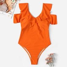 Romwe Cold Shoulder Knot Back One Piece Swimwear