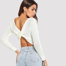 Romwe Solid Twist Back Sweater