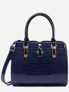Romwe Navy Crocodile Embossed Faux Patent Leather Satchel Bag