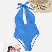 Romwe Open Back Halter One Piece Swimsuit