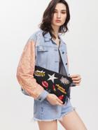 Romwe Black Embroidered Patches Zip Closure Crossbody Bag