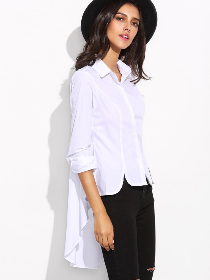 Romwe White Princess Seam Dip Hem Blouse With Pleated Back