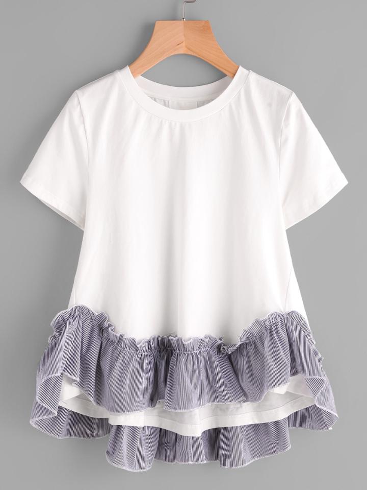 Romwe Striped Ruffle Trim Hi Lo A Line T-shirt