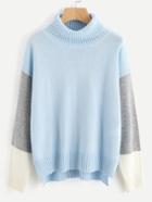 Romwe Roll Neck Color Block Staggered Jumper
