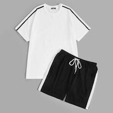Romwe Guys Striped Top And Drawstring Waist Shorts Pj Set