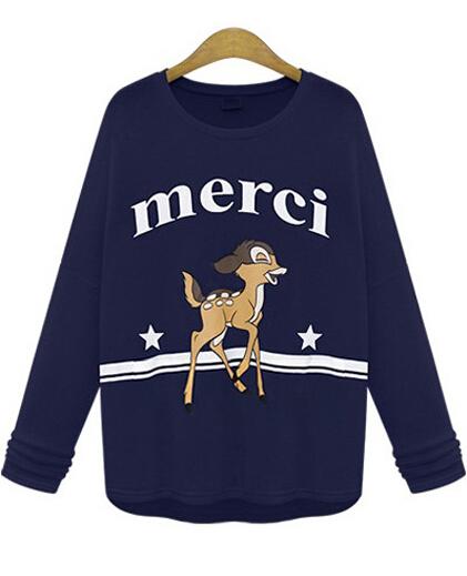 Romwe Deer Merci Print Royal Blue Sweatshirt