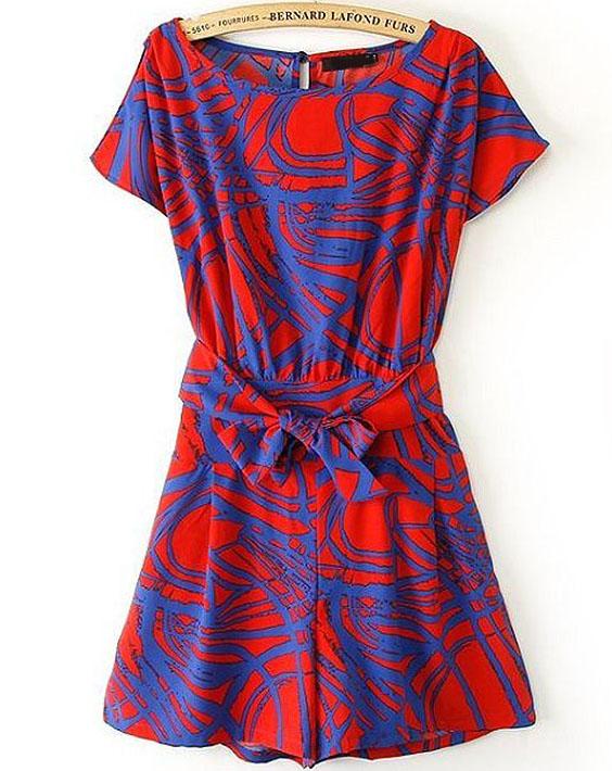 Romwe Belt Geometric Print Crop Jumpsuit